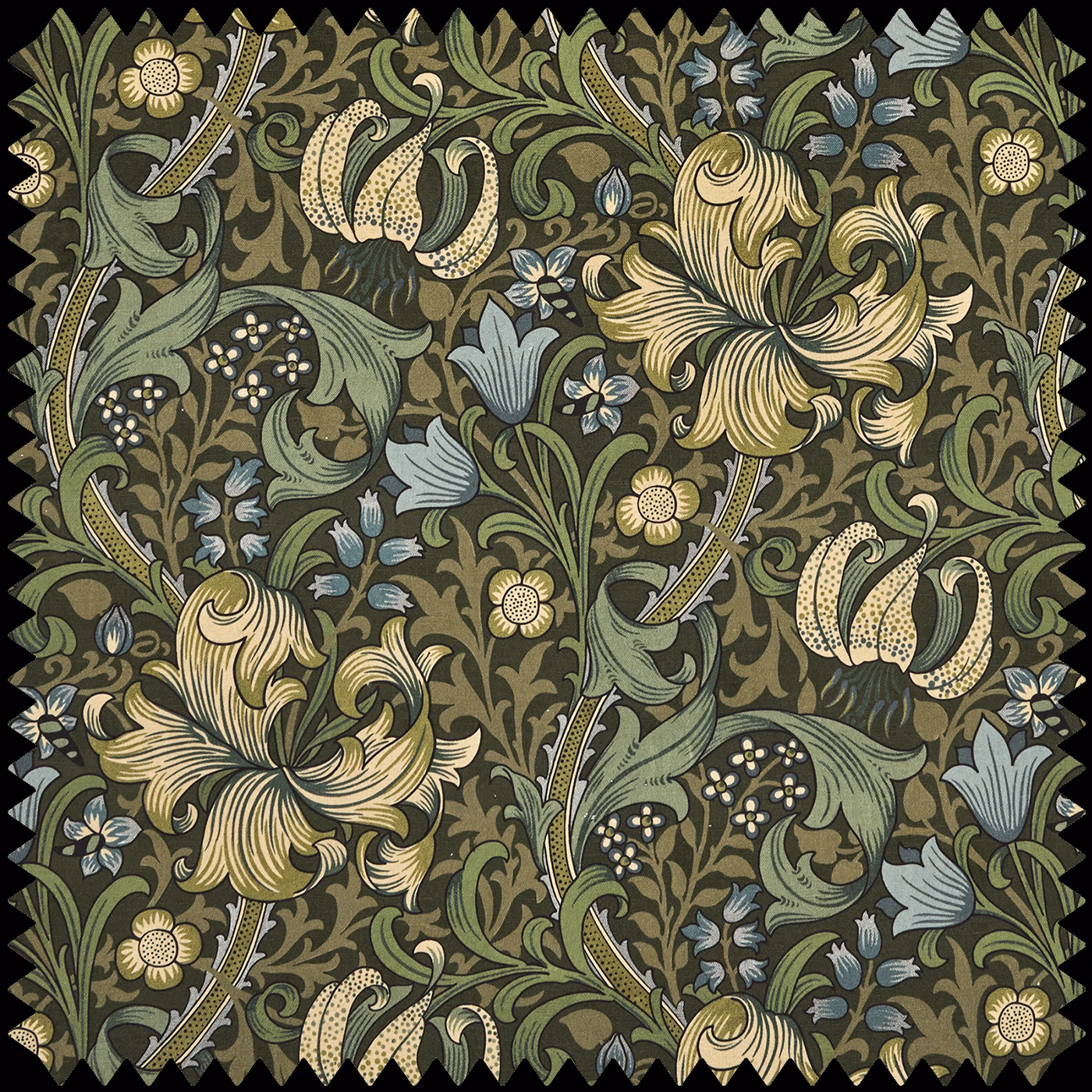 Olive-green velvet with pale gold lilies, blue-grey leaves and scrolling botanical vines