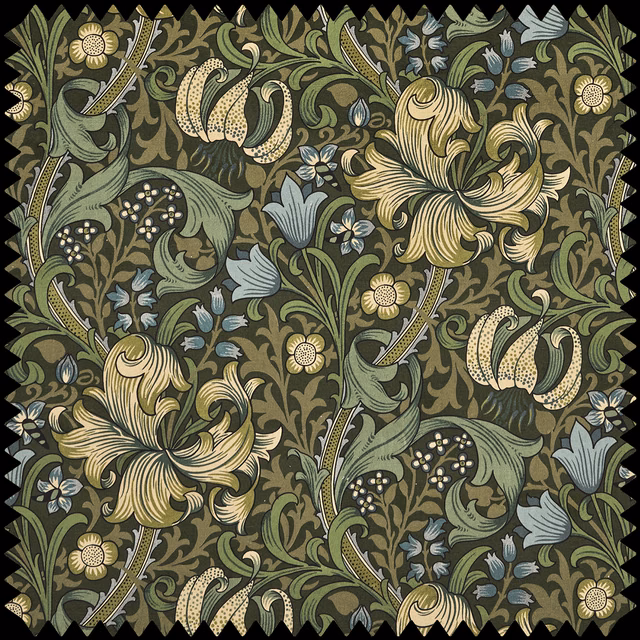 Olive-green velvet with pale gold lilies, blue-grey leaves and scrolling botanical vines