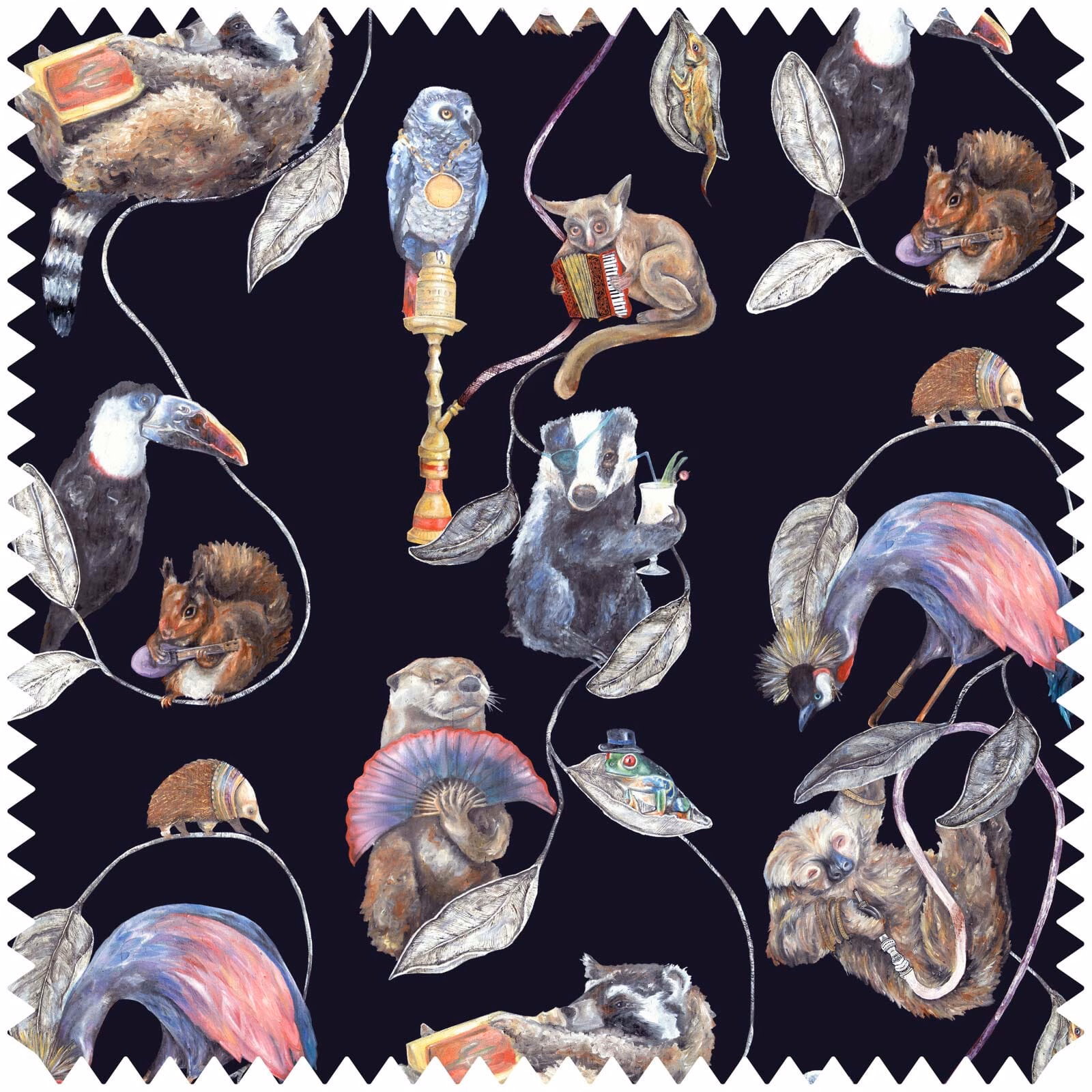 Midnight velvet with painted toucans, monkeys, flamingos, leaves and a near-black ground
