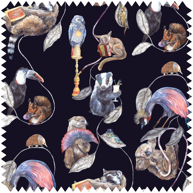 Midnight velvet with painted toucans, monkeys, flamingos, leaves and a near-black ground