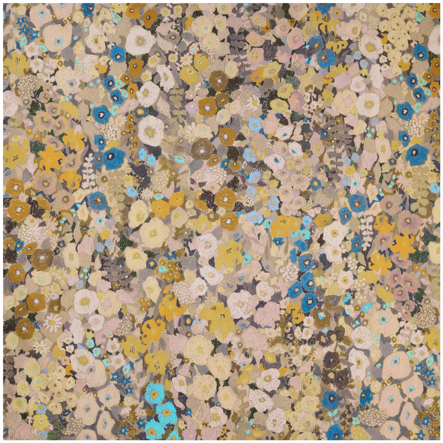 Dense floral textile in warm flax beige with turquoise, mustard, pink and ivory blooms