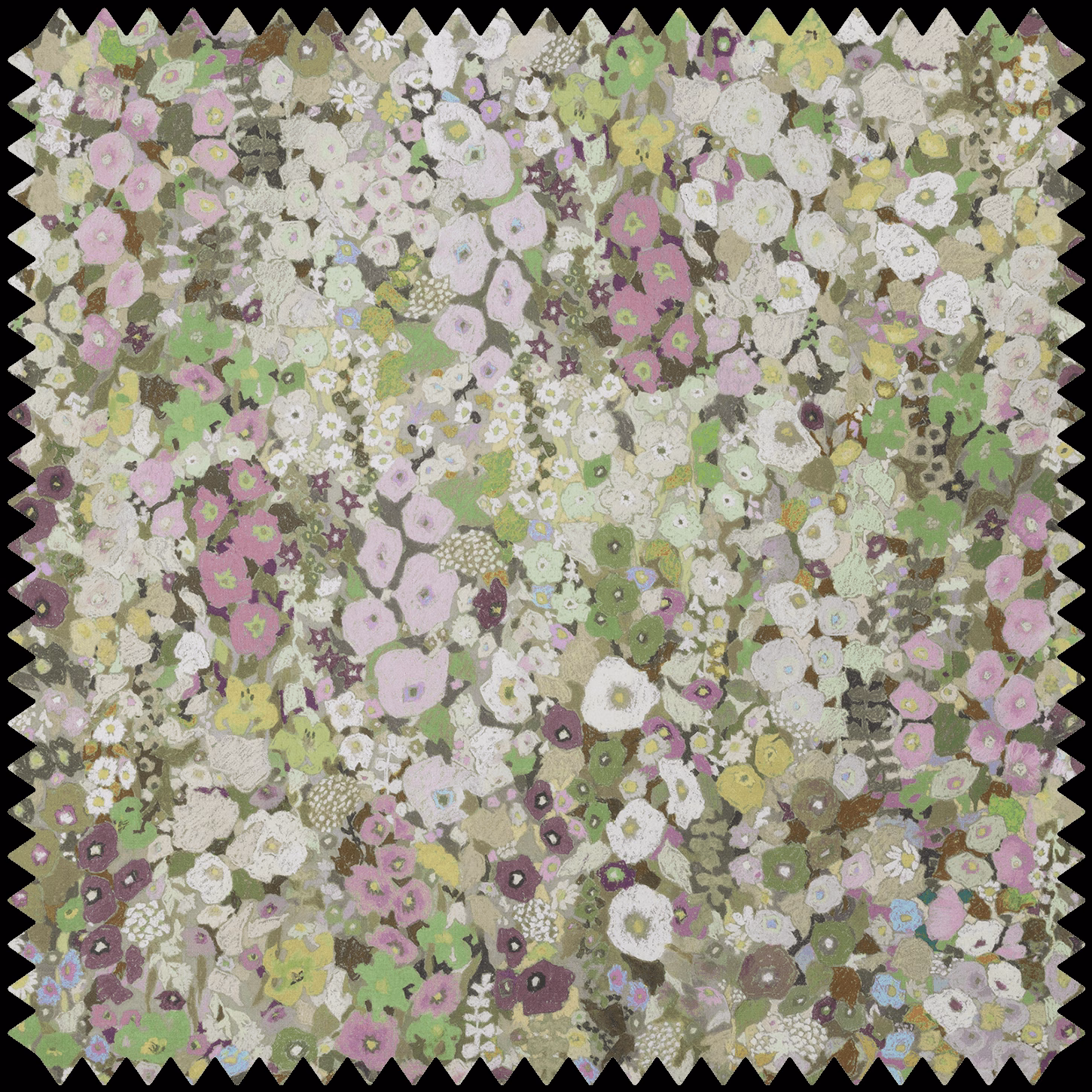 Muted sage, lilac and cream dense floral cotton-linen swatch with pink blossoms