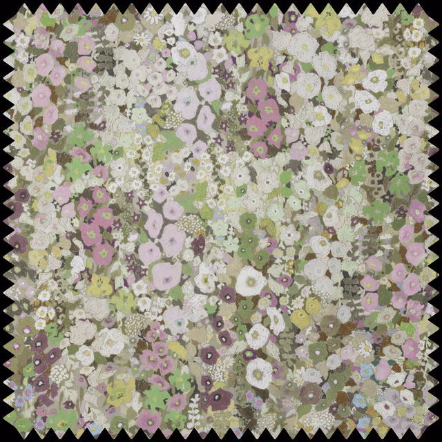 Muted sage, lilac and cream dense floral cotton-linen swatch with pink blossoms