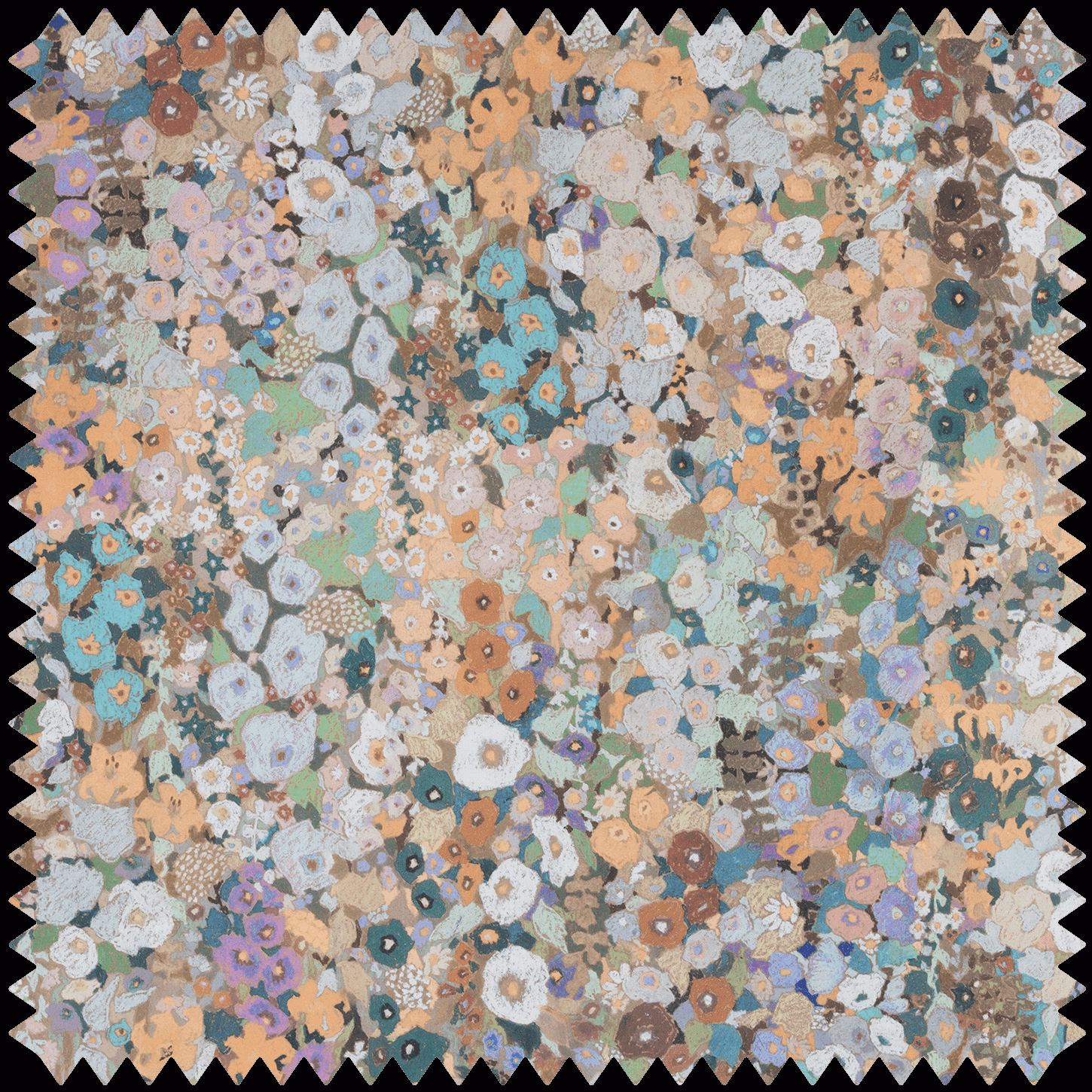 Dense Prairie floral weave in muted teal, peach, lilac, cream and brown