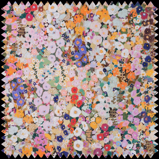 Dense multicolour floral swatch with pink, orange, blue and lilac blooms on pale ground