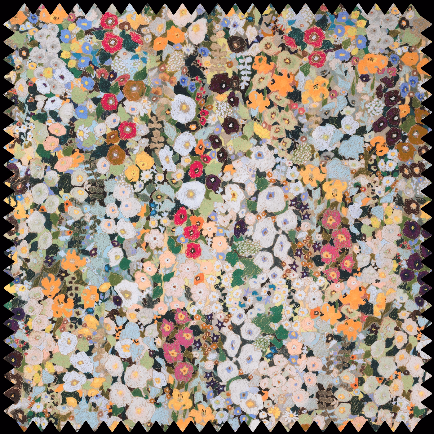 Dense Summer floral collage in pale stone with coral, blue and pink blooms