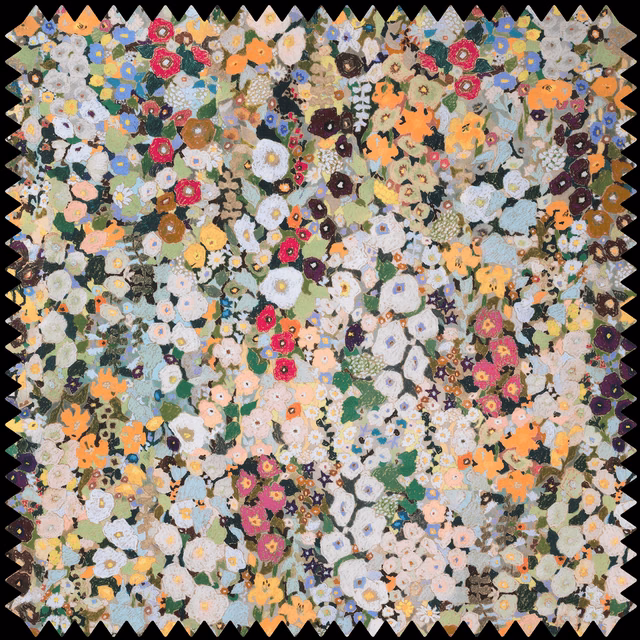 Dense Summer floral collage in pale stone with coral, blue and pink blooms
