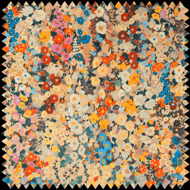 Autumn velvet swatch with dense taupe floral ground and vivid coral, teal, blue and cream blooms