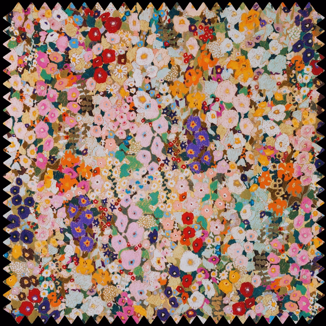 Dense multicolour floral velvet swatch with coral, lilac, turquoise and mustard blooms
