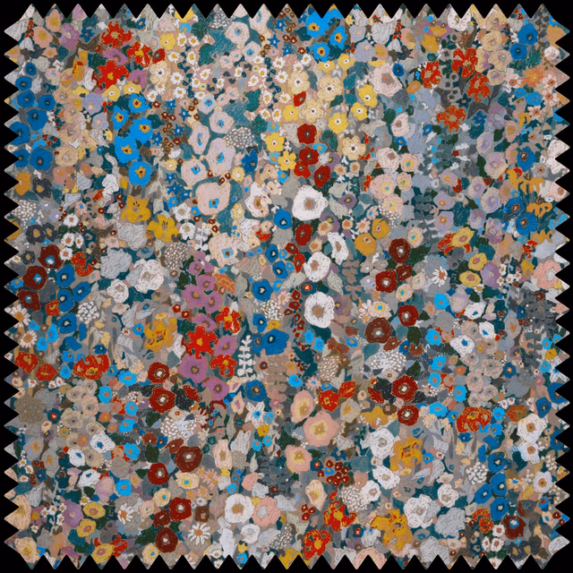 Dense autumn floral field in stone grey with teal, cobalt, red and ochre blooms