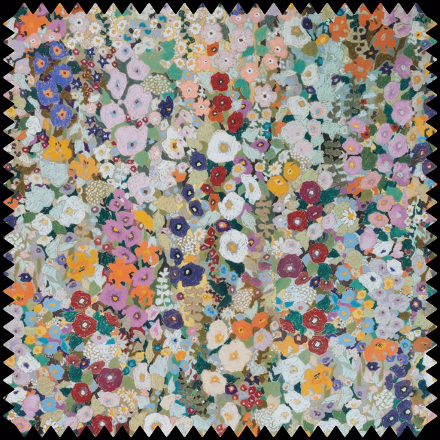 Pale mint floral swatch with dense coral, pink, yellow, blue and red blooms