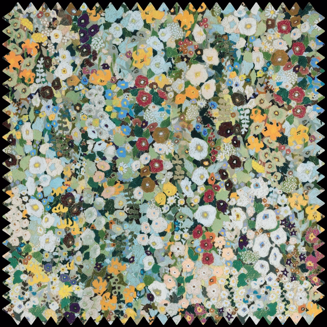 Summer colourway with mint, cream, yellow, green and berry flowers in dense collage
