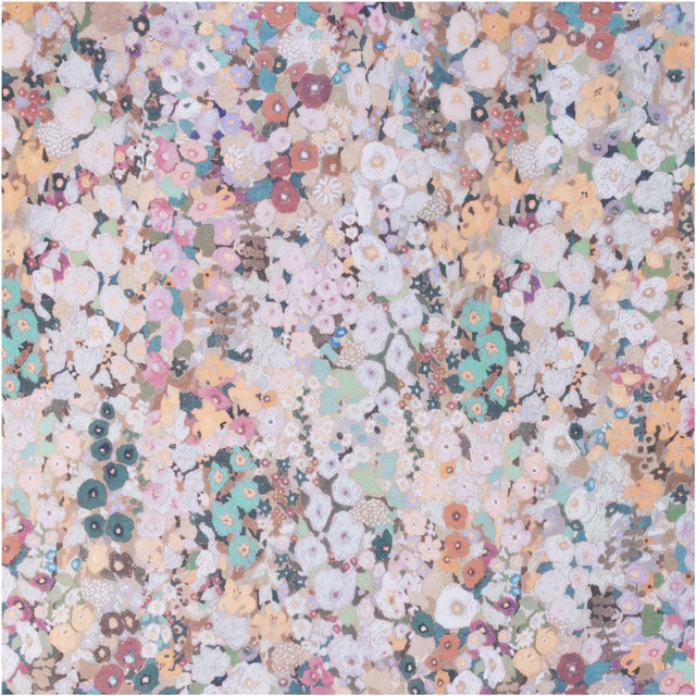 Dense pastel wildflower scatter in peach, lilac, mint, teal and cream