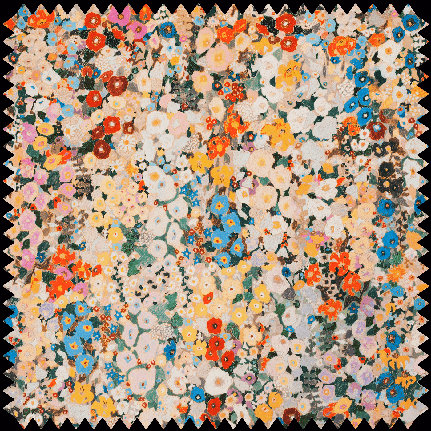 Dense multicoloured floral velvet with turquoise, coral and cream blooms on a dark ground