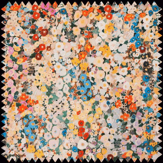 Dense multicoloured floral velvet with turquoise, coral and cream blooms on a dark ground