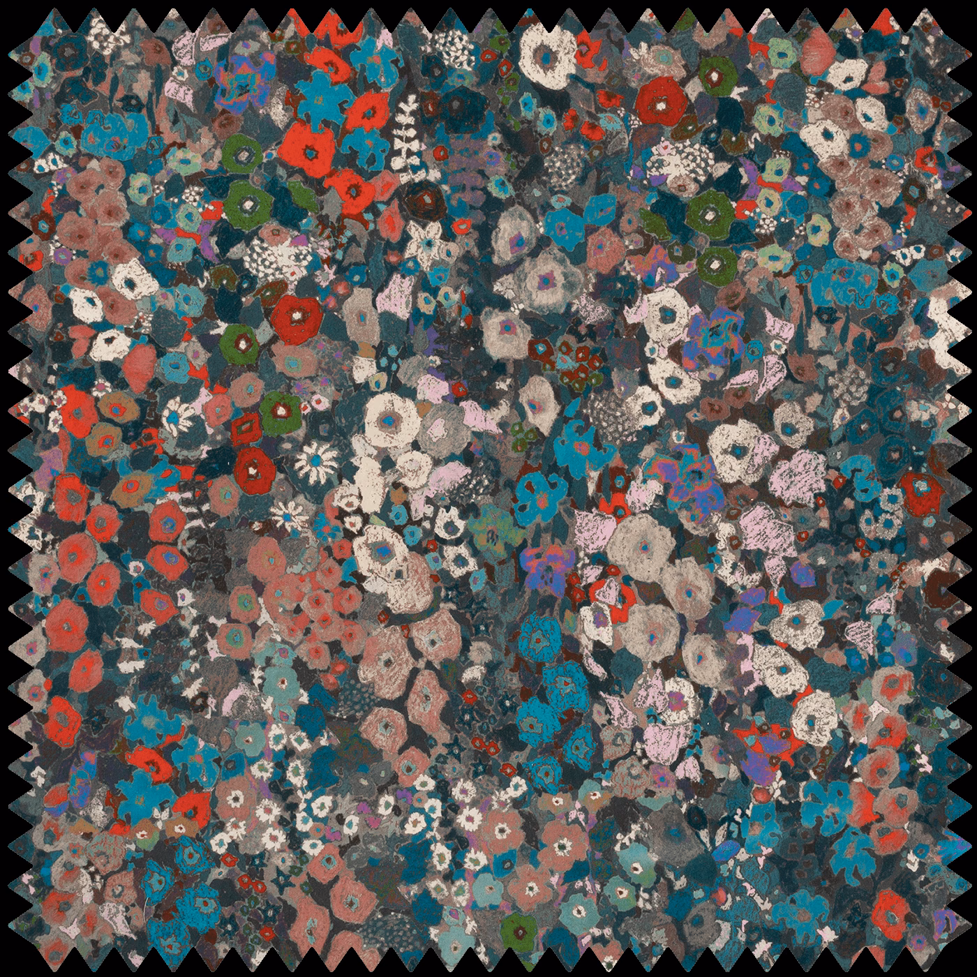 Dense multicoloured floral velvet in teal, red, pink and cream on charcoal