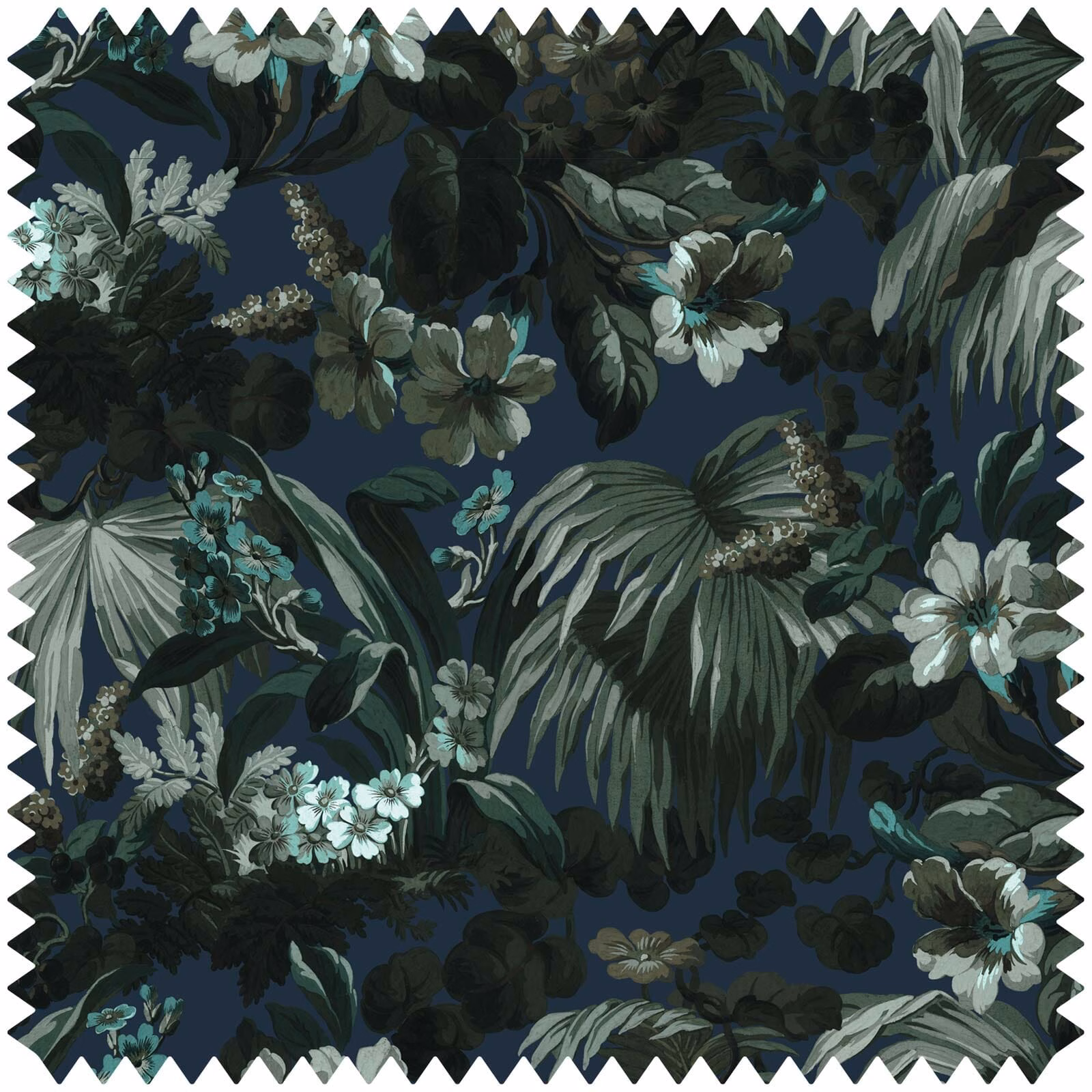 Ink-blue botanical fabric with layered dark foliage, mint leaves and pale flowers