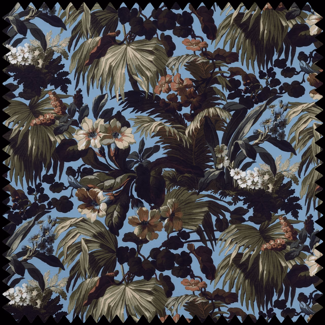 Sky-blue tropical fabric with navy foliage, olive palms and pale clustered flowers