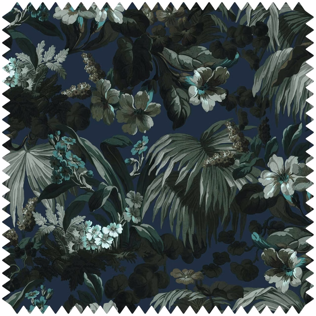 Ink-blue velvet swatch with layered sage foliage and pale blue-white botanical flowers