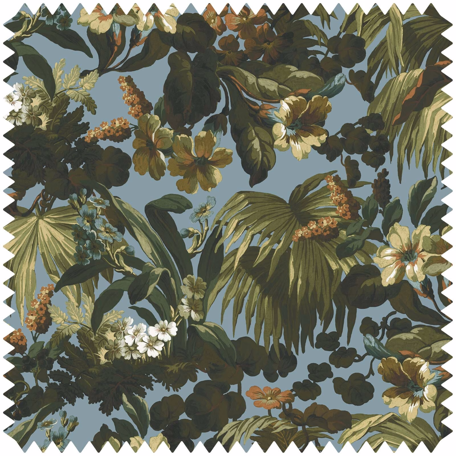 Cool sky-blue velvet with dense dark foliage, cream blooms and rust accents.