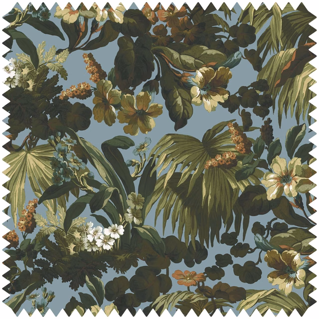 Cool sky-blue velvet with dense dark foliage, cream blooms and rust accents.