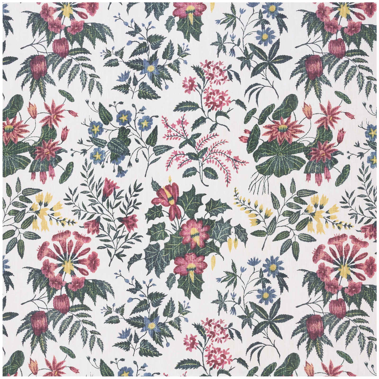 Cream botanical fabric with muted berry, blue, green and yellow floral motifs