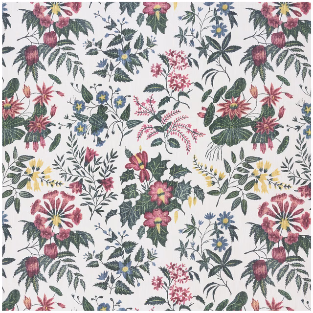 Cream botanical fabric with muted berry, blue, green and yellow floral motifs