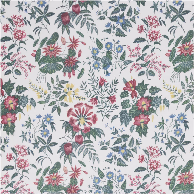 Ivory sheer floral fabric with muted green, blue, pink and yellow botanicals