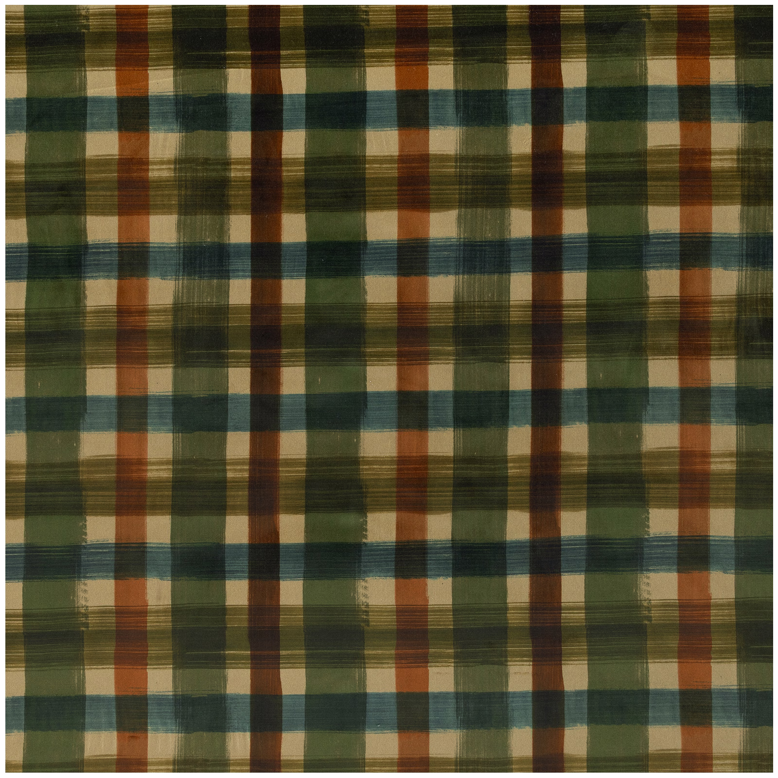 Olive green velvet plaid with teal, rust and cream intersecting checks
