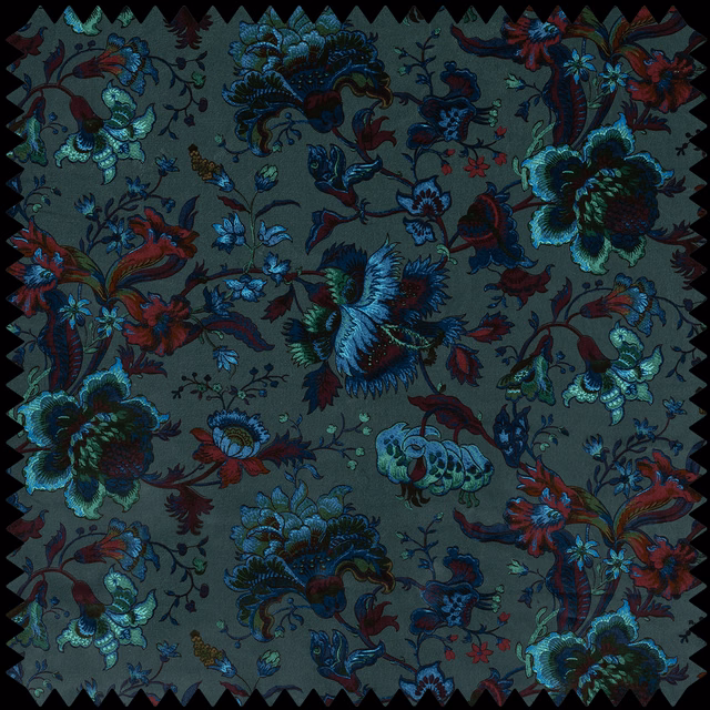 Dark petrol velvet with oversized turquoise, blue and crimson botanical flowers