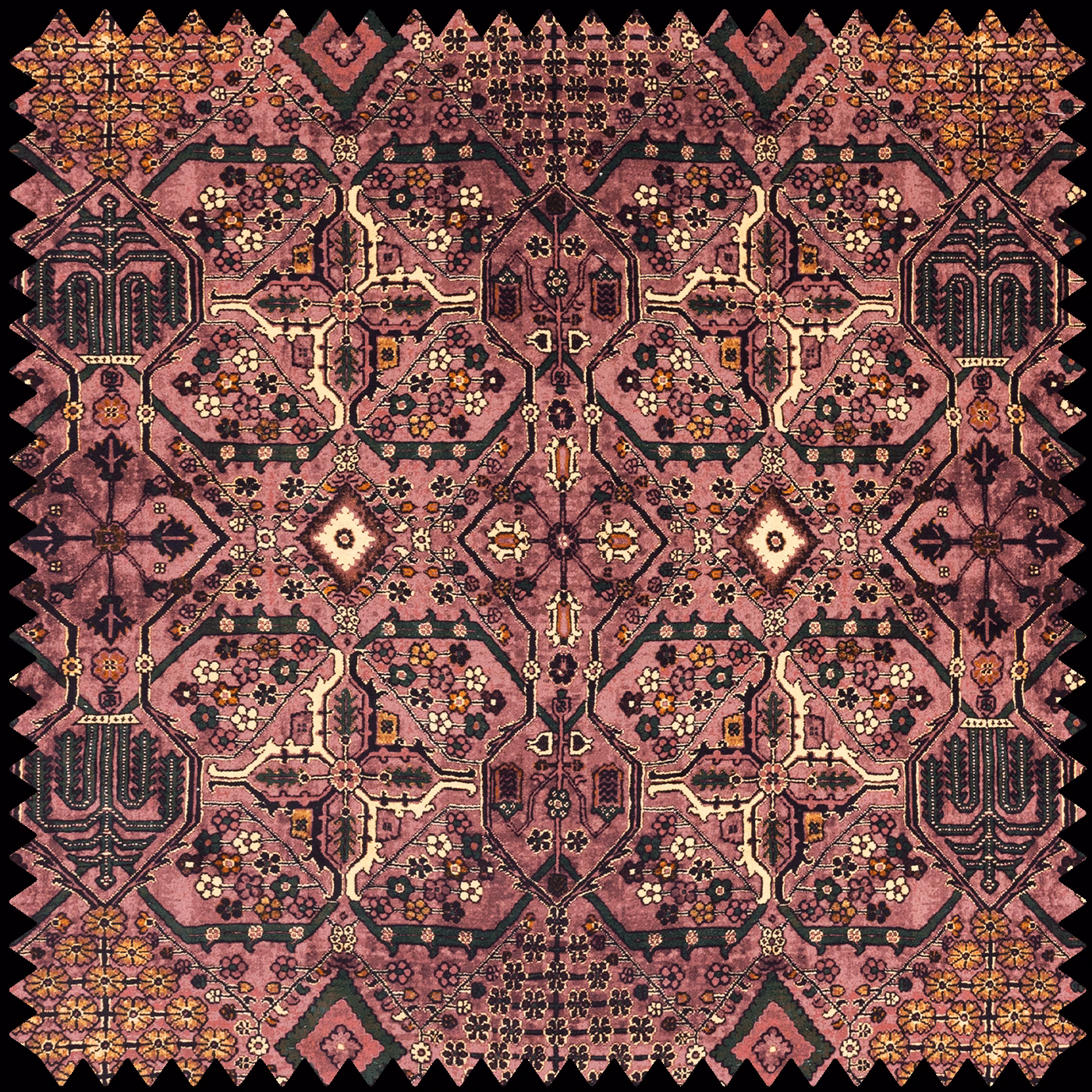Dusty blush velvet with symmetrical burgundy, black, cream and ochre geometric motifs
