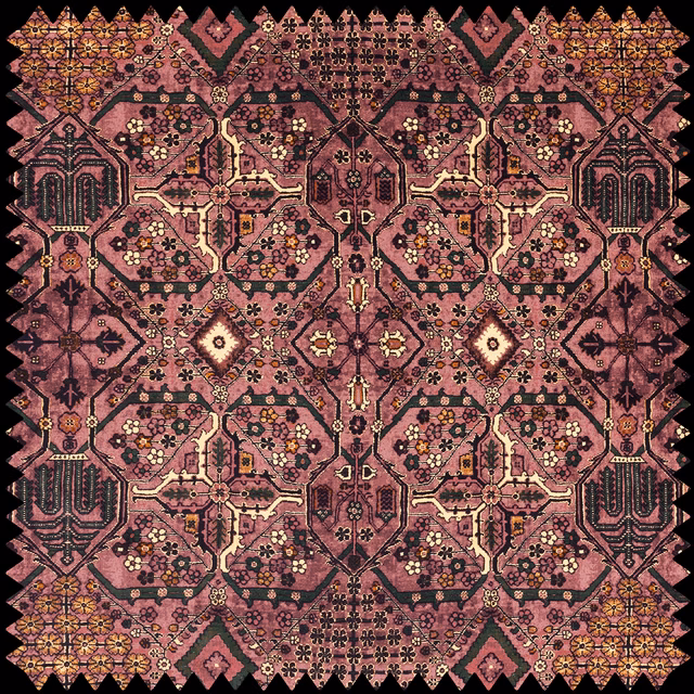 Dusty blush velvet with symmetrical burgundy, black, cream and ochre geometric motifs