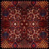 Deep sienna-red velvet with mirrored navy, cream and gold geometric motifs