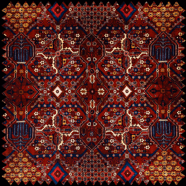 Deep sienna-red velvet with mirrored navy, cream and gold geometric motifs