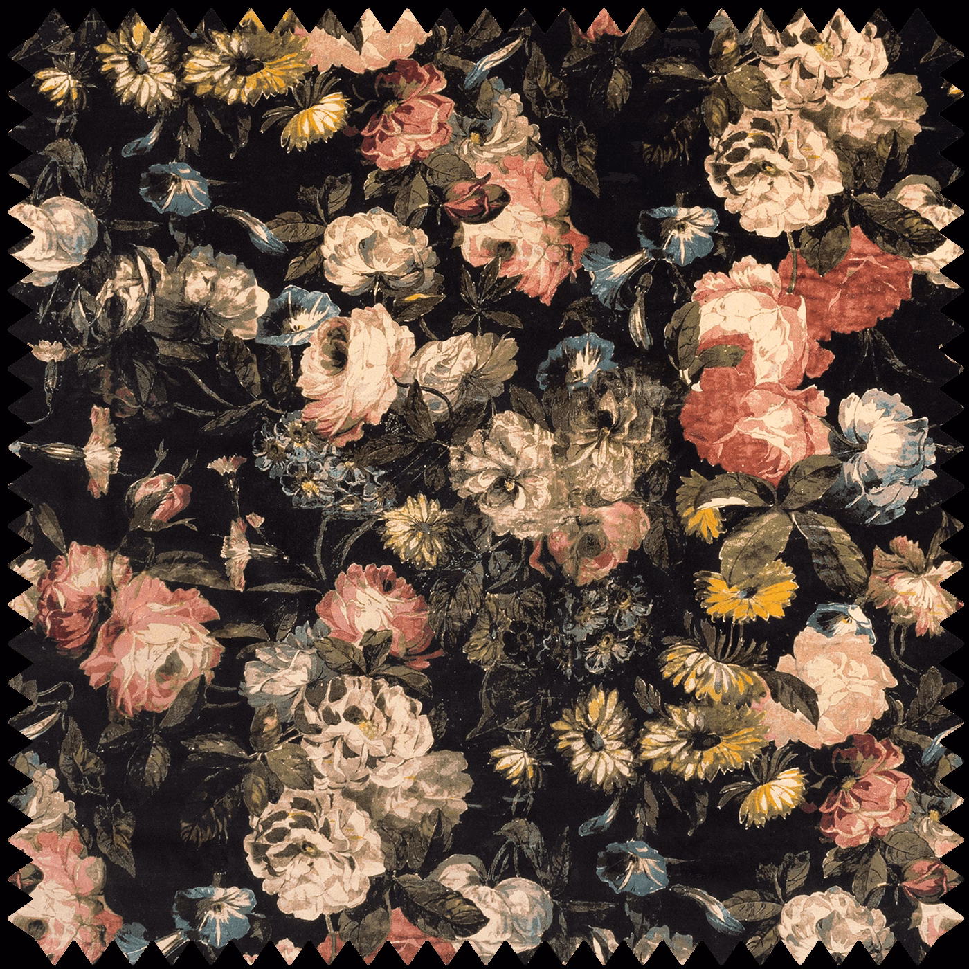 Dense multicoloured floral velvet with pink roses and cream blooms on black