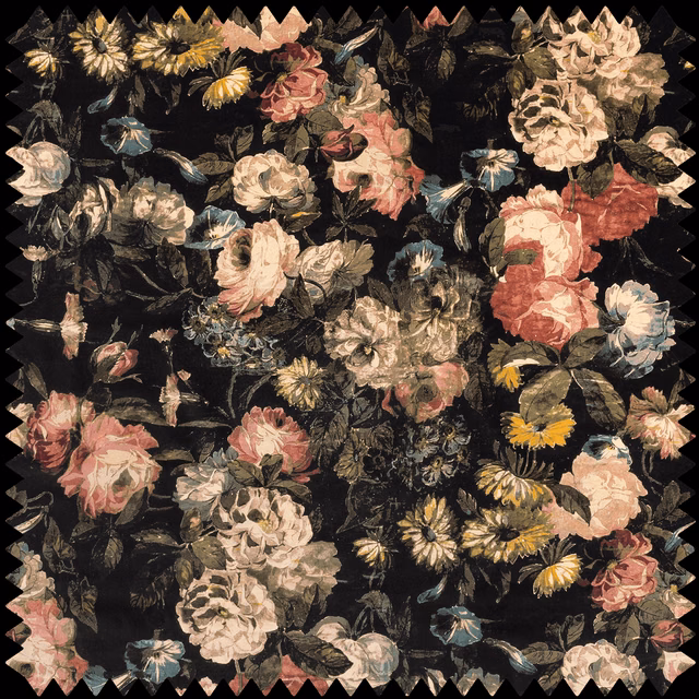 Dense multicoloured floral velvet with pink roses and cream blooms on black