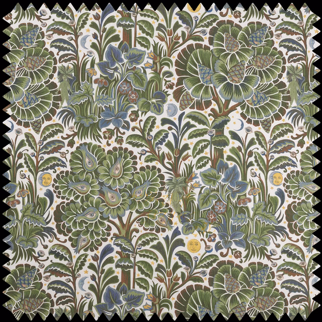 Muted verde botanical cotton-linen swatch with rosettes, blue-grey blooms and cream ground