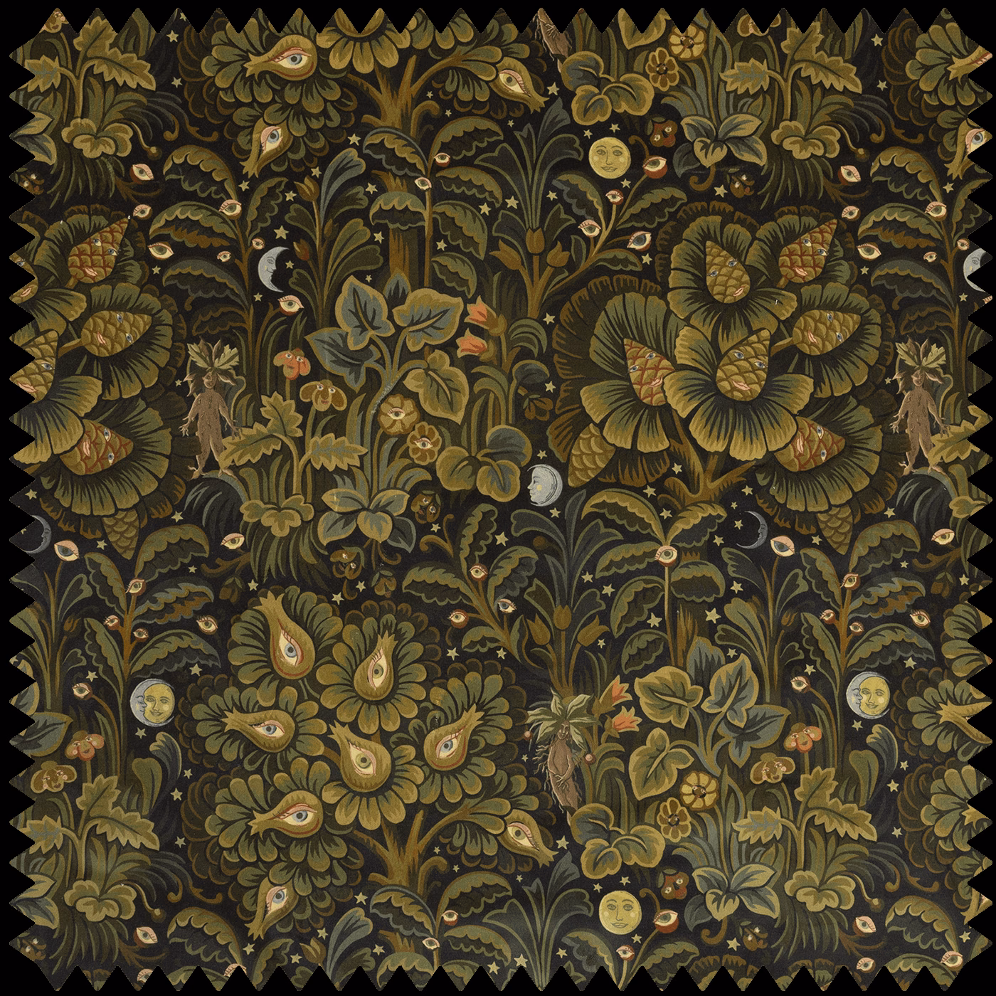 Midnight velvet with olive foliage, ochre blooms, moons, stars and bird motifs