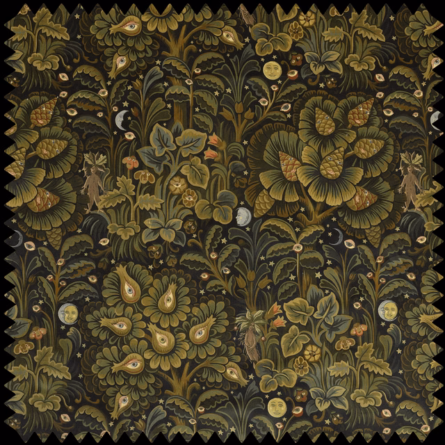 Midnight velvet with olive foliage, ochre blooms, moons, stars and bird motifs