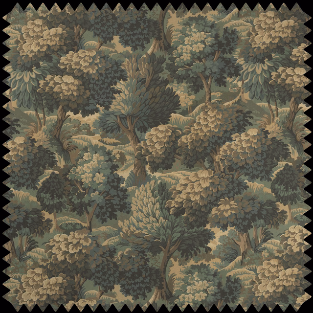 Bronze cotton-linen woodland fabric with layered trees, mossy foliage and aged beige highlights