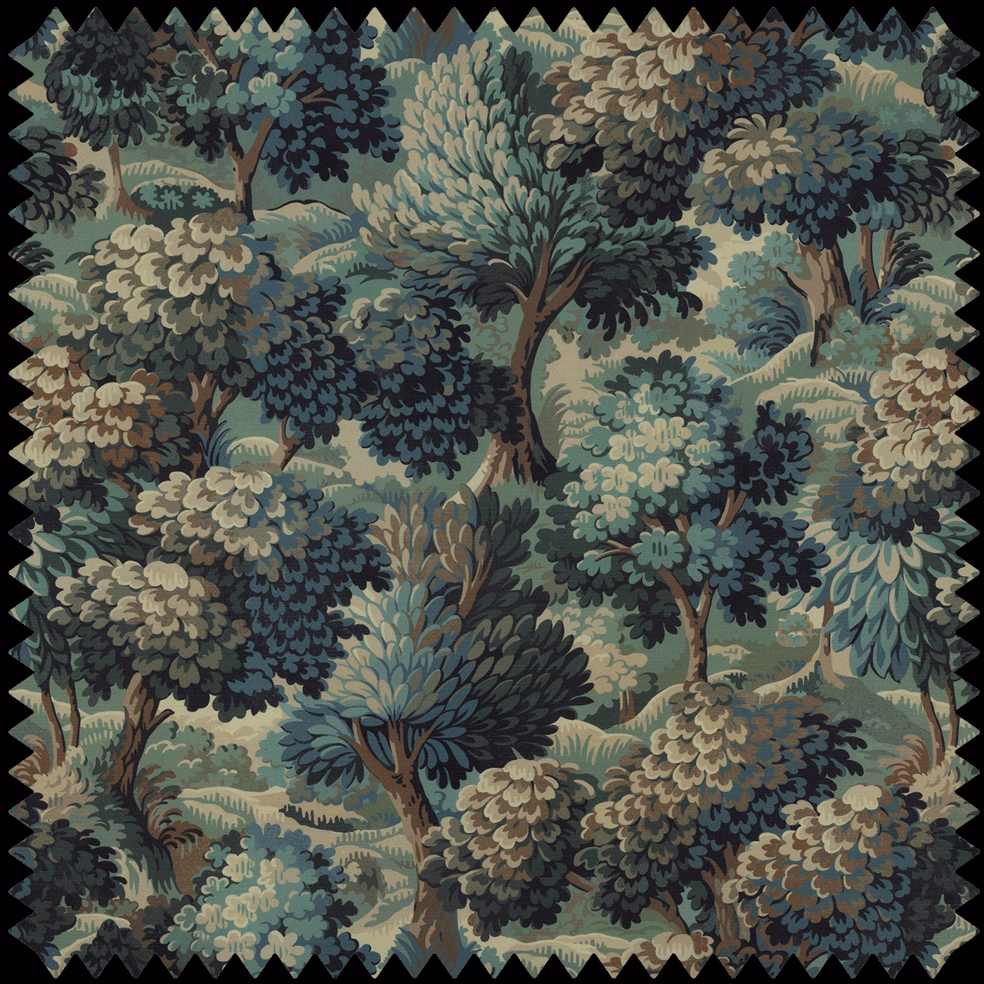 Bronze woodland fabric showing layered trees, sage foliage, teal shadows and cream blossoms