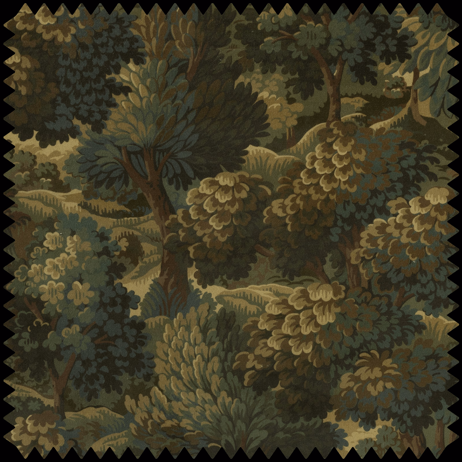Bronze velvet with a dense olive woodland scene, trees, foliage and rolling hills