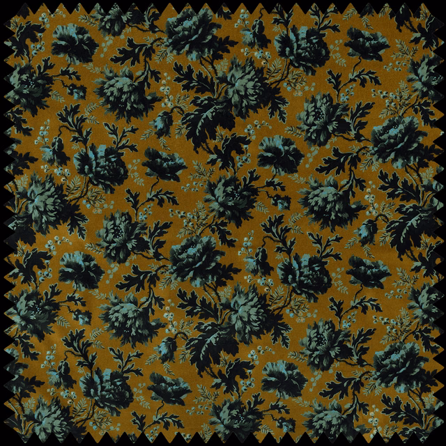 Warm bronze velvet with dark teal-green floral sprays and leafy botanical motifs