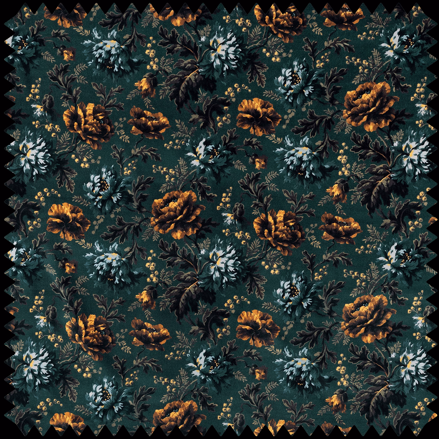 Deep petrol velvet with rust-gold blooms, pale blue flowers and dark leafy stems