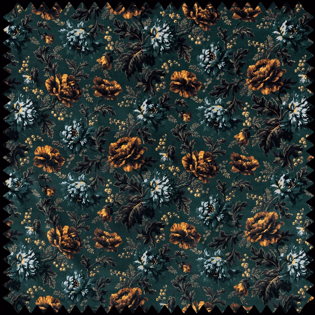 Deep petrol velvet with rust-gold blooms, pale blue flowers and dark leafy stems