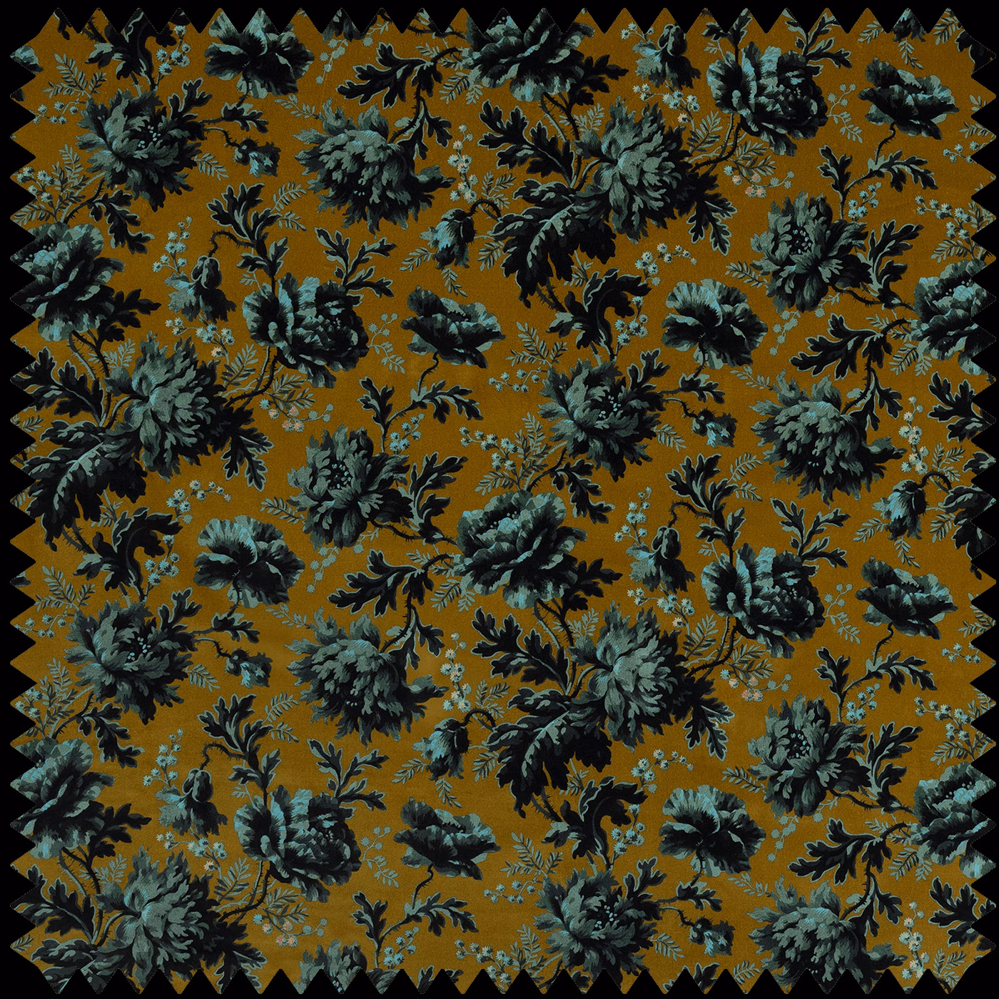 Ochre-bronze velvet with dark teal flowers and curling botanical stems