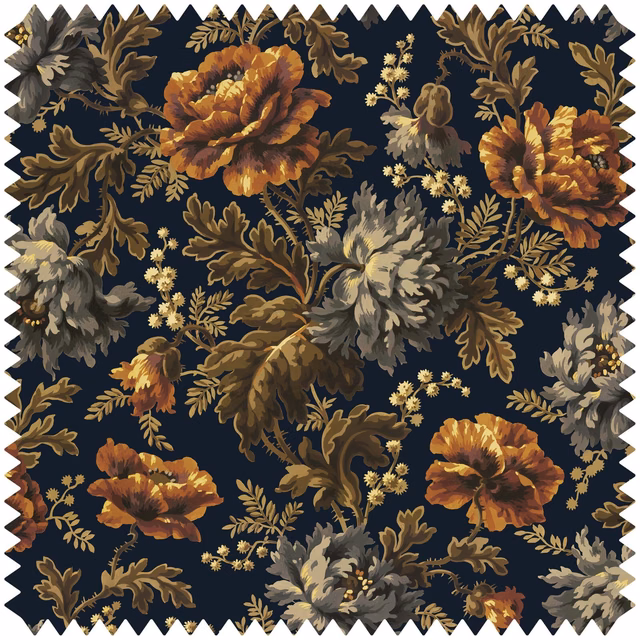Midnight navy velvet with oversized rust, ochre and grey botanical flowers