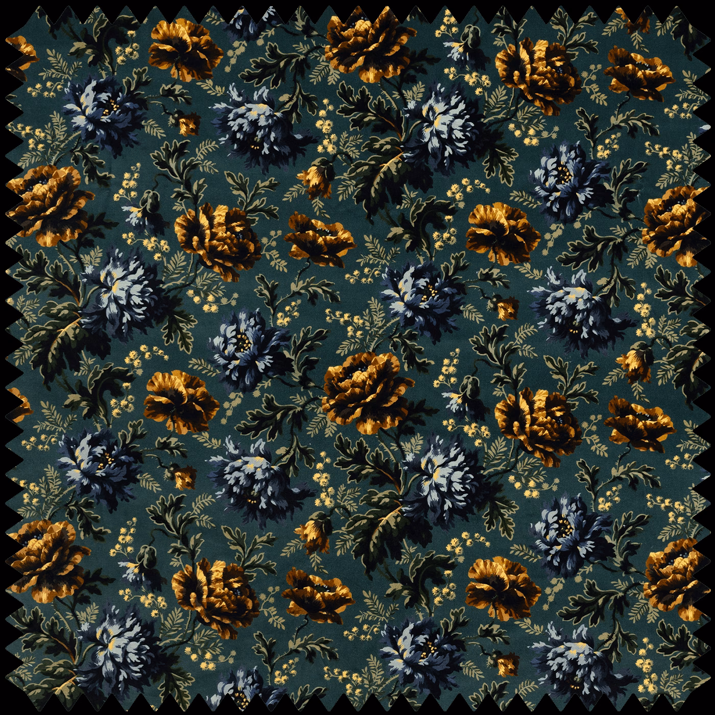 Petrol teal velvet with ochre-gold blooms and blue-grey flowers