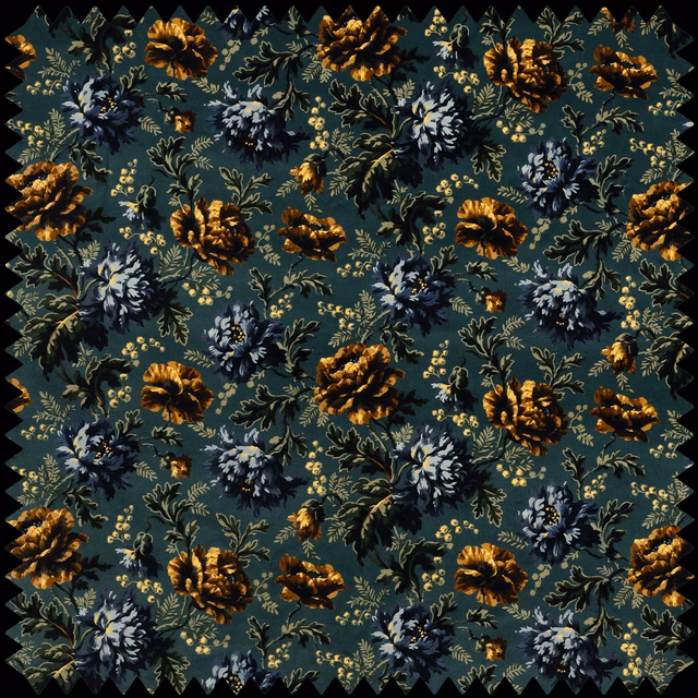 Petrol teal velvet with ochre-gold blooms and blue-grey flowers
