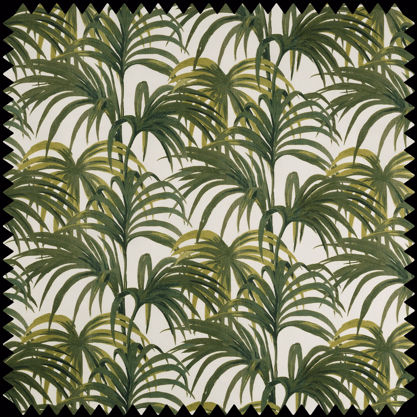 Off-white cotton-linen swatch with dense layered green palm fronds and olive accents